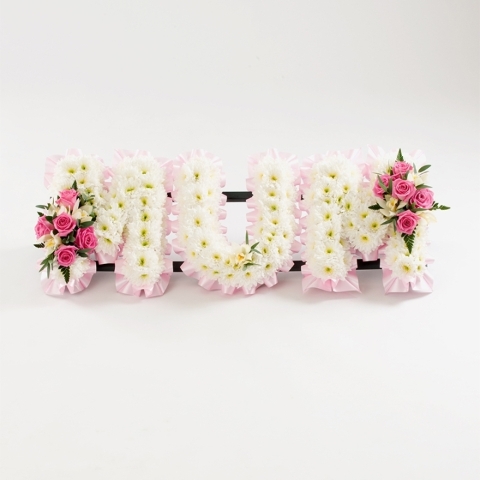 White Flower Based Letters, Flower Sprays and Ribbon Edging